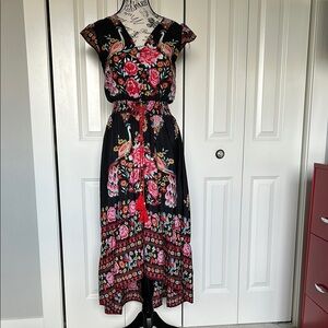 Floral Black and Multi Colored High-Lo Midi Dress